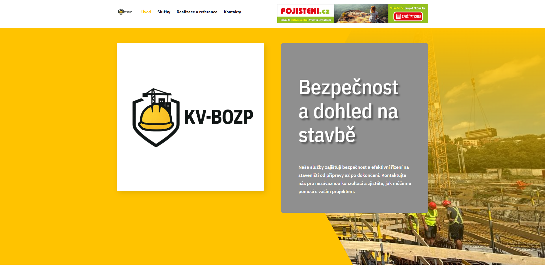 Logo KV-BOZP a slogan Bezpečnost a dohled na stavbě – odborný dohled nad bezpečností na stavbách od přípravy po dokončení.